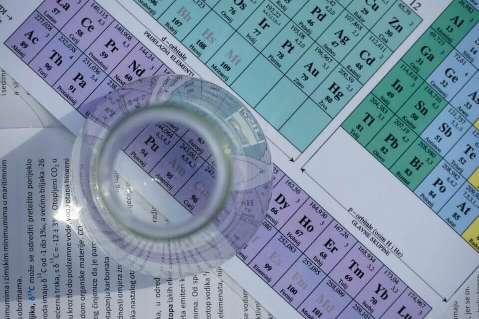 Close up of periodic table with science equipment