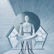 A white humanoid looking robot (similar to the ones in the movie "I Robot") sitting in the lotus position in a way that seems as if he is being thoughtful.